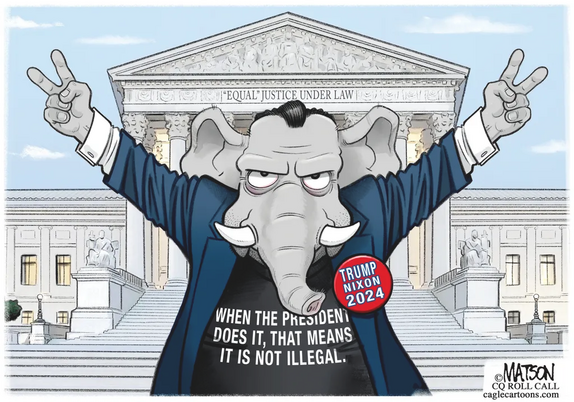 Picture of Nixon as a GOP elephant posing with two peace signs, in front of the supreme court, with 