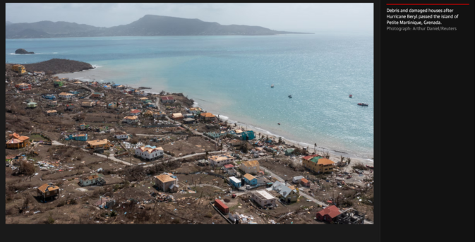 Debris and damaged houses after Hurricane Beryl passed the island of Petite Martinique, Grenada.
Photograph: Arthur Daniel/Reuters