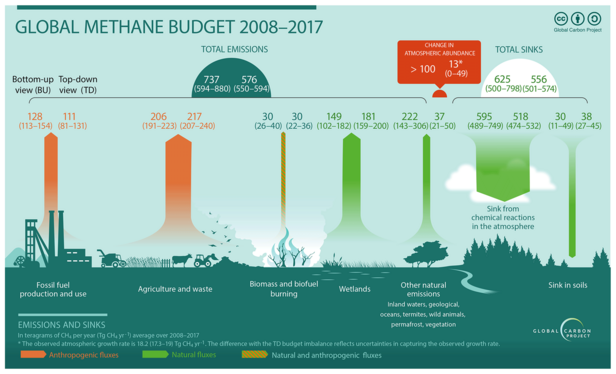 Global Methane Budget 2008-2017 as schematics in two different analysis pathways: top down and bottom-up. 
Both vary in their emission and sink values, implying the uncertainty around current methane emission and budget.

