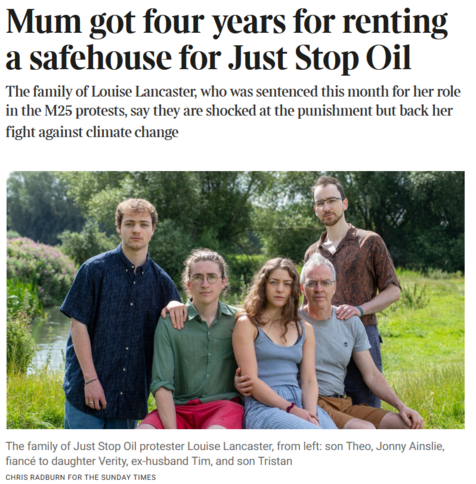 The family of Just Stop Oil protester Louise Lancaster, from left: son Theo, Jonny Ainslie, fiancé to daughter Verity, ex-husband Tim, and son Tristan
