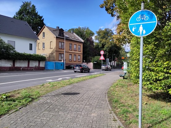 Ein Bürgersteig ist als gemeinsamer Geh- und Radweg beschildert.