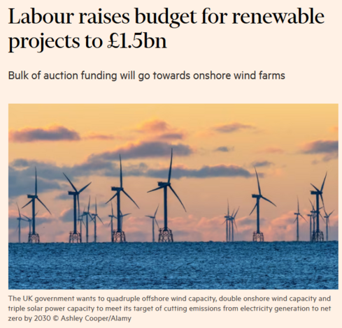The UK government wants to quadruple offshore wind capacity, double onshore wind capacity and triple solar power capacity to meet its target of cutting emissions from electricity generation to net zero by 2030 © Ashley Cooper/Alamy