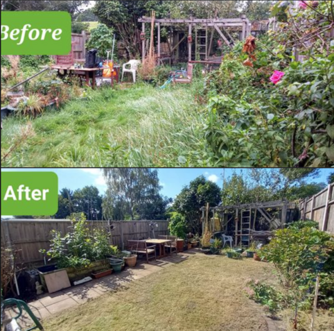 Image showing two photos. The upper photo is of a garden with long lush grass, blending into shrubs and roses, with some tables, a chair and a wooden climbing frame. Over this photo it says 