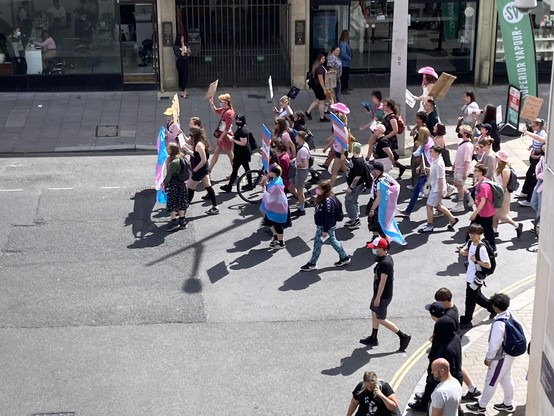 People marching with trans flags and placards