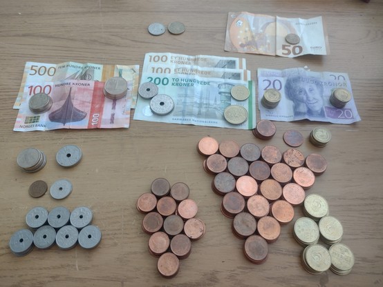 cash money, many coins and a few bills, equivalent to about €200