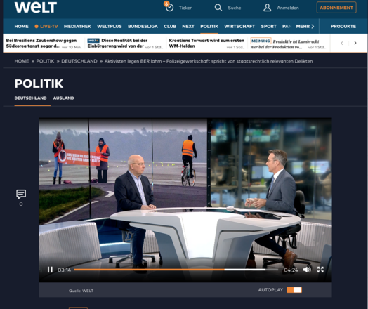 Screenshot Welt-TV nach BER-Blockade